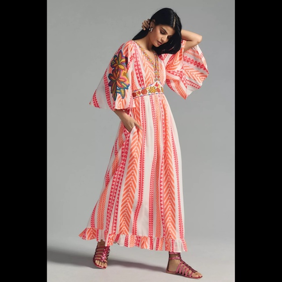 Anthropologie Farm Rio Embroidered V-Neck Maxi Dress